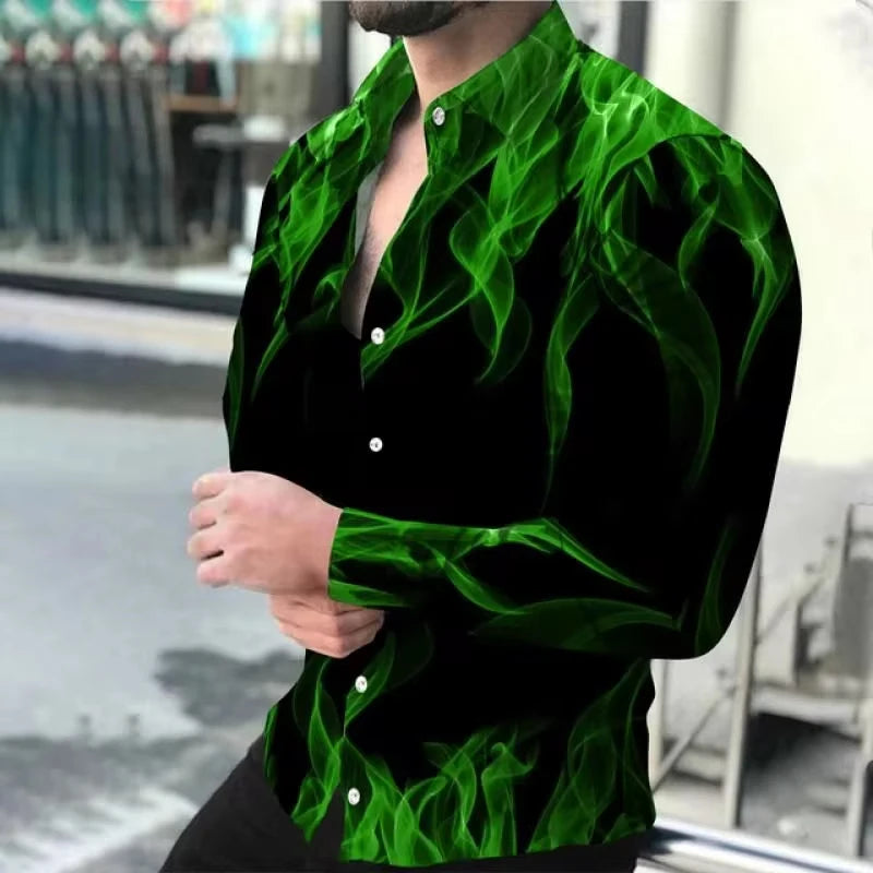 Moda nova camisas masculinas turn-down colarinho abotoado camisa primavera e outono casual chama impressão manga longa topos .