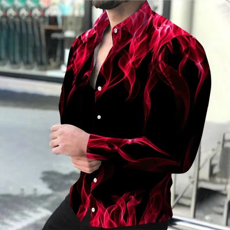 Moda nova camisas masculinas turn-down colarinho abotoado camisa primavera e outono casual chama impressão manga longa topos .
