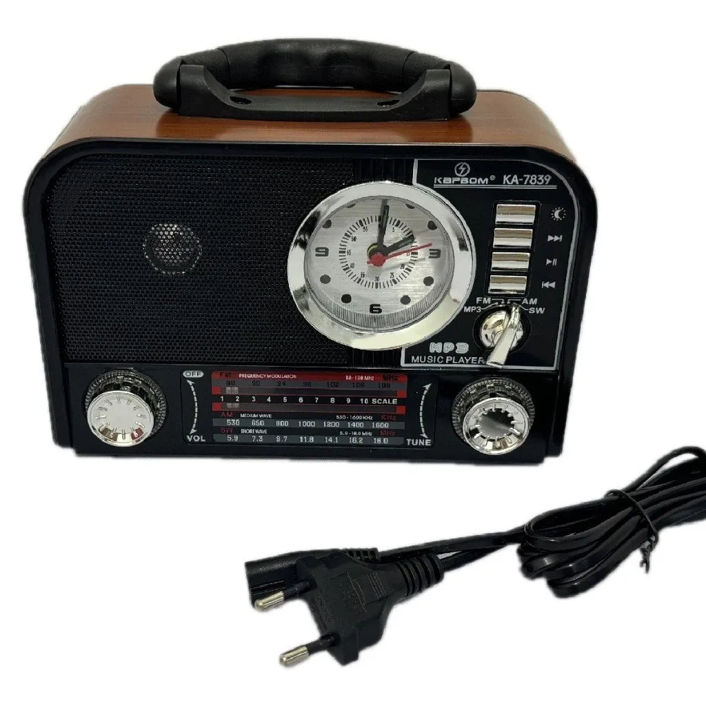 Caixa Som Retro Antiga Am Fm Usb Aux Sd Bluetooth Recarregável Som Antena Analogico com relógio redondo