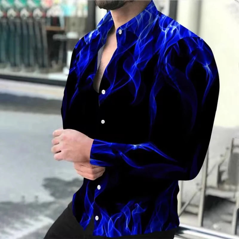 Moda nova camisas masculinas turn-down colarinho abotoado camisa primavera e outono casual chama impressão manga longa topos .