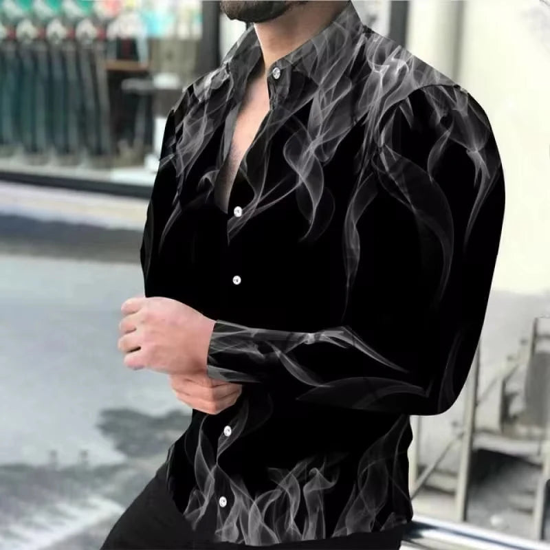 Moda nova camisas masculinas turn-down colarinho abotoado camisa primavera e outono casual chama impressão manga longa topos .