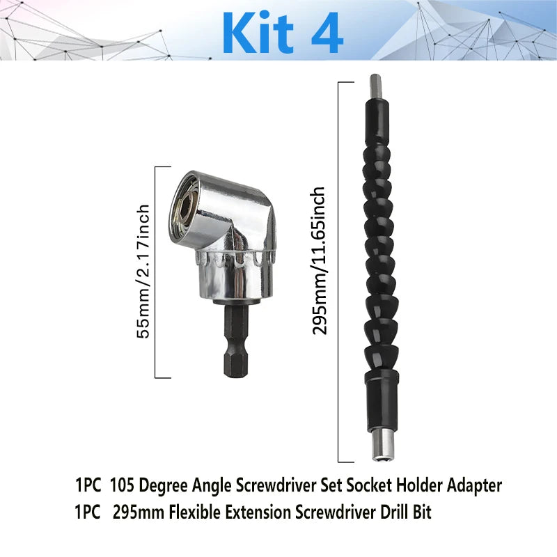 Conjunto de ferramentas de chave de fenda de chave de fenda de chave de fenda de ângulo reto ajustável de 105 graus 1/4 Hex Shank para ferramentas de bits de chave de fenda de broca elétrica