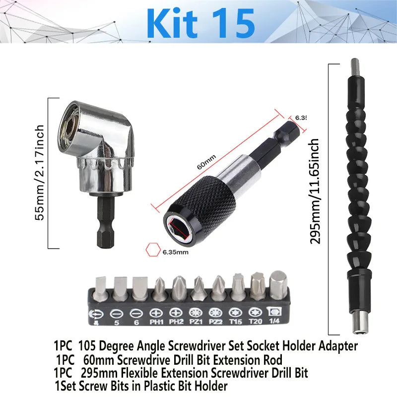Conjunto de ferramentas de chave de fenda de chave de fenda de chave de fenda de ângulo reto ajustável de 105 graus 1/4 Hex Shank para ferramentas de bits de chave de fenda de broca elétrica