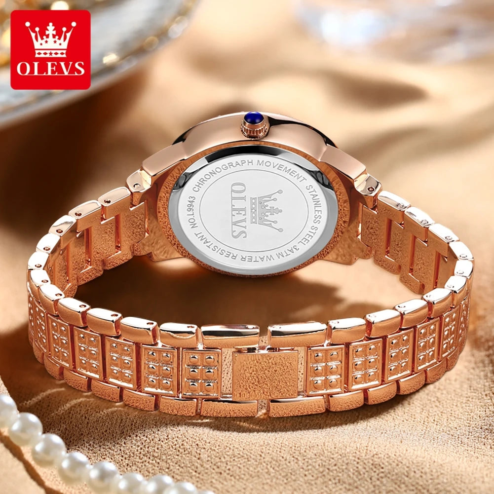 relógio Olevs luxo todo diamante original relógio de quartzo para mulheres elegante rosa ouro aço inoxidável à prova d´ água relógios de pulso