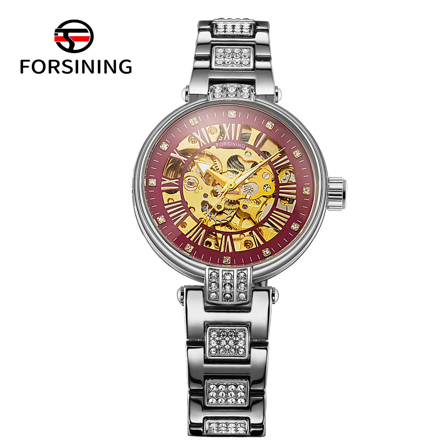 relógio forsining,relógio com movimento automático elegante feminino esqueleto de aço inoxidável relógio de pulso.