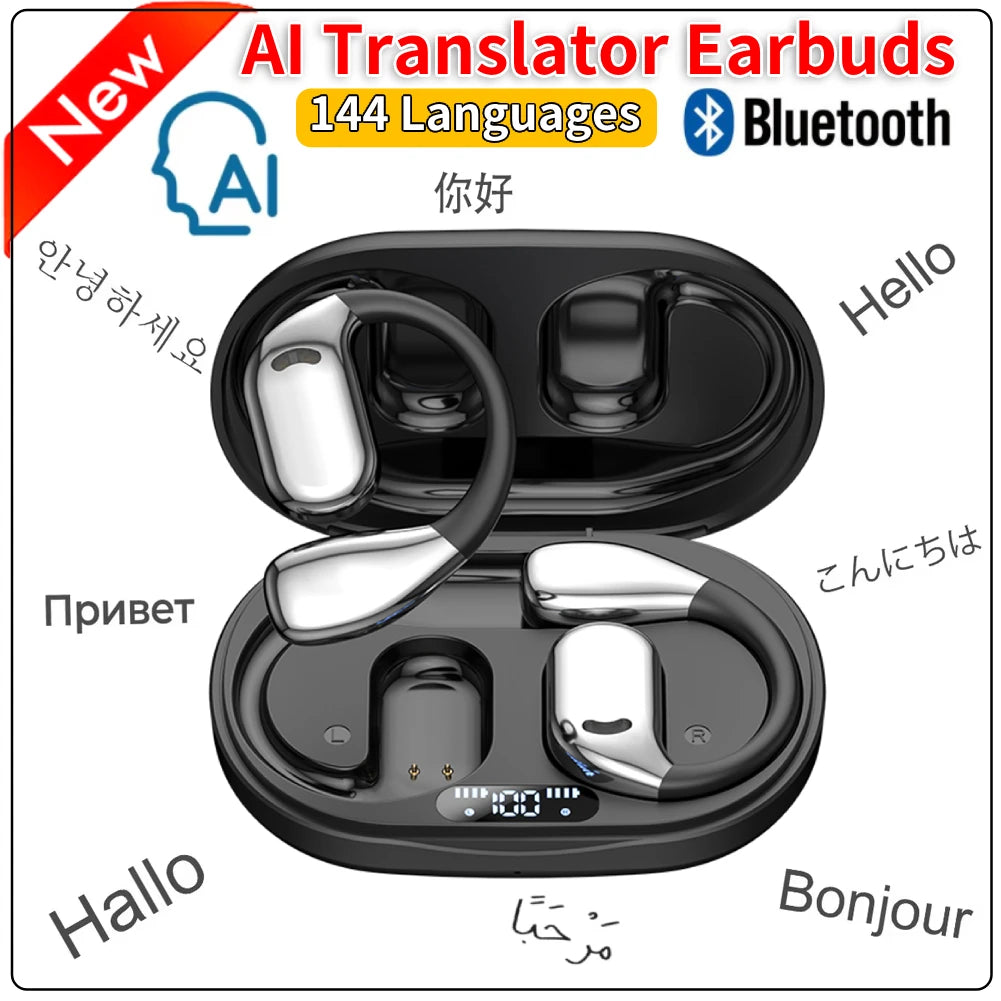 Fones de ouvido tradutor ai, tradutor em tempo real, 144 idiomas, sem fio, bluetooth, dispositivo tradutor de voz para viagens