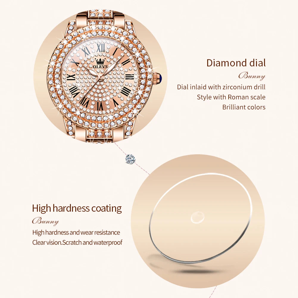 relógio Olevs luxo todo diamante original relógio de quartzo para mulheres elegante rosa ouro aço inoxidável à prova d´ água relógios de pulso