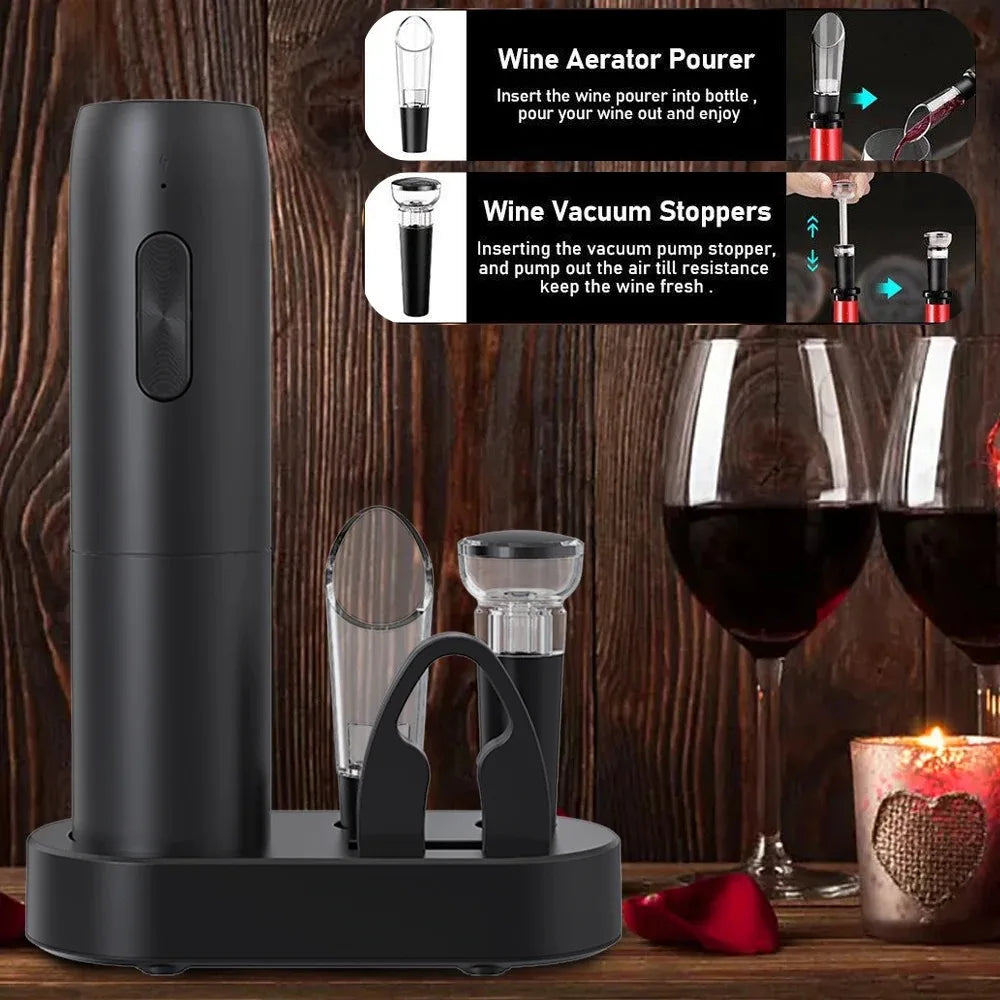 Abridor de garrafas de vinho elétrico Saca-rolhas de vinho tinto automático Abridor de vinho recarregável com ferramentas de base de carregamento Acessórios de cozinha