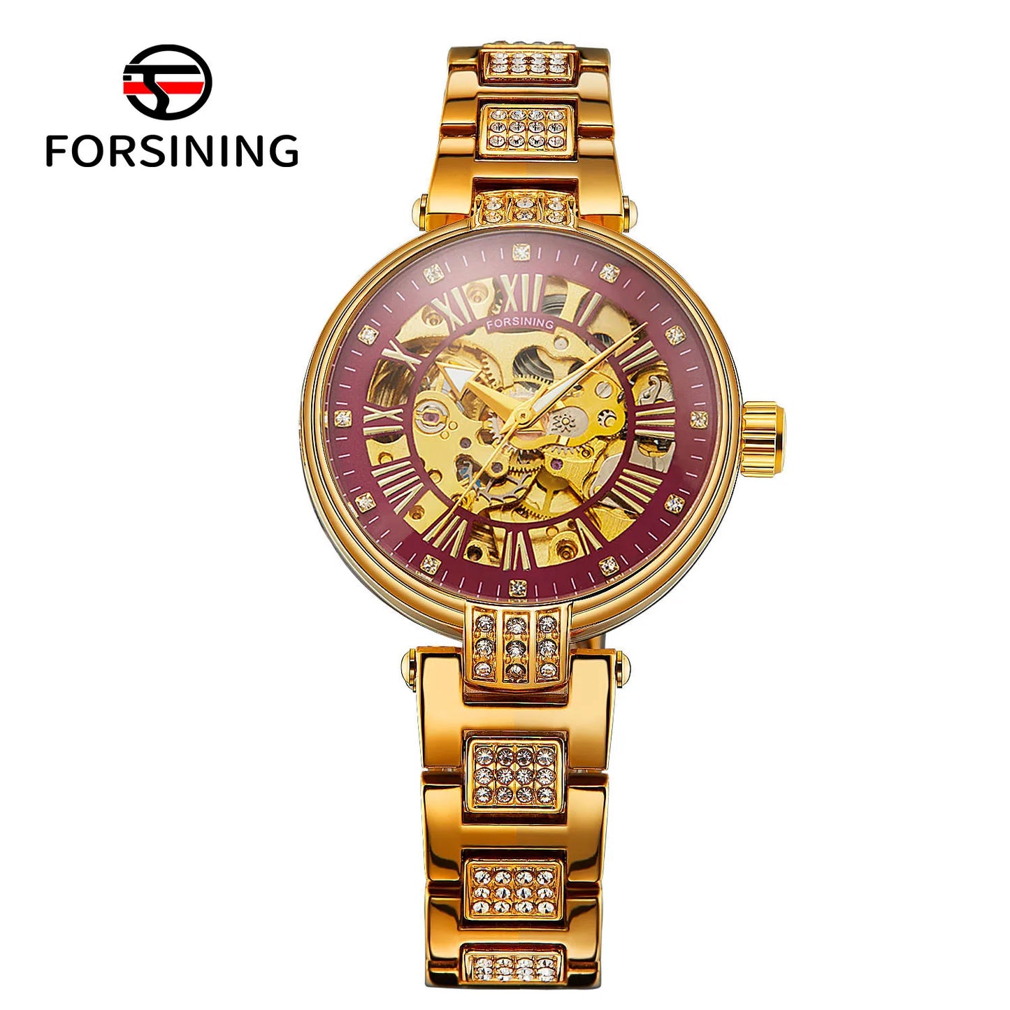 relógio forsining,relógio com movimento automático elegante feminino esqueleto de aço inoxidável relógio de pulso.