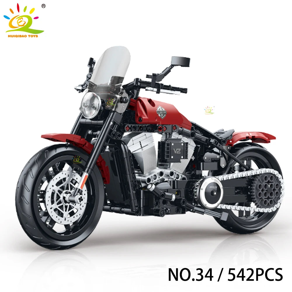 Monte seu próprio modelo de moto com os blocos Huiqibao, feitos de plástico ABS ecológico e projetados para entusiastas e apaixonados por motos e para colecionadores.