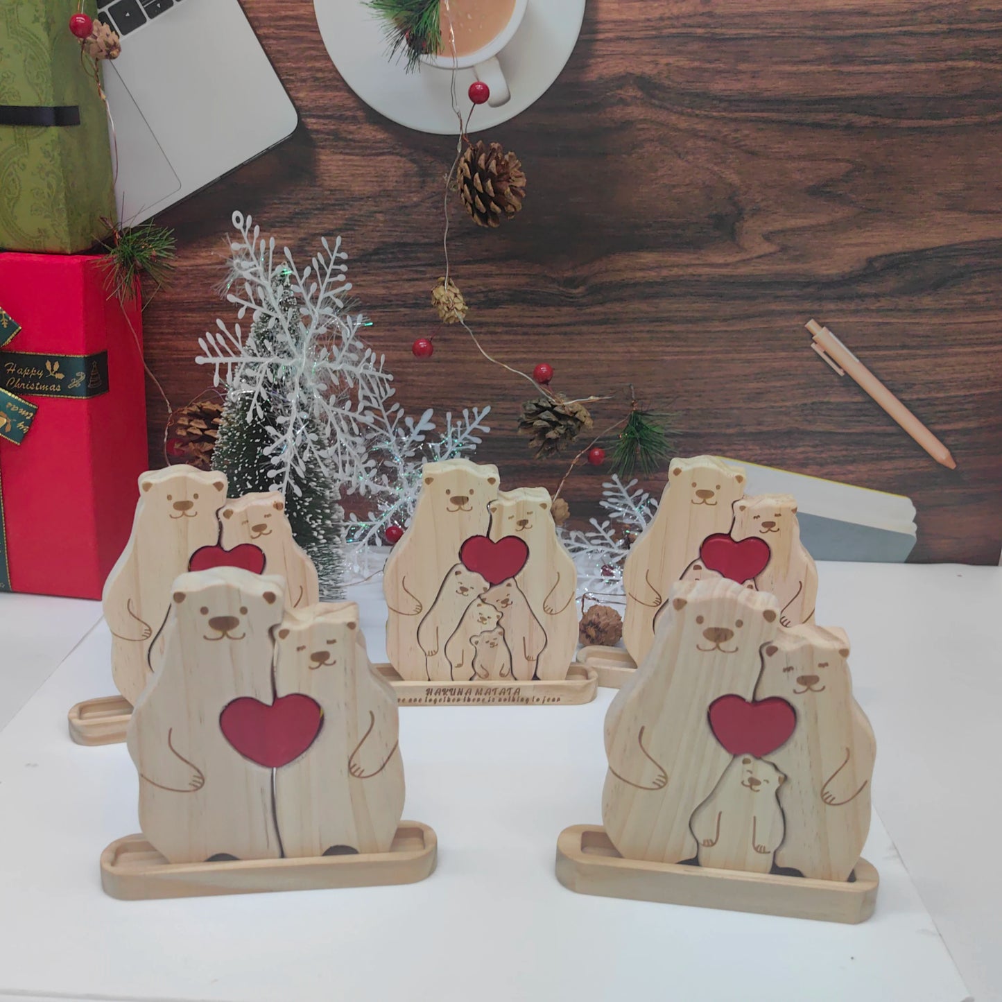 Gravação nome urso família quebra-cabeça de madeira livre nome personalizado para presente aniversário nome da família escultura decoração mesa casa