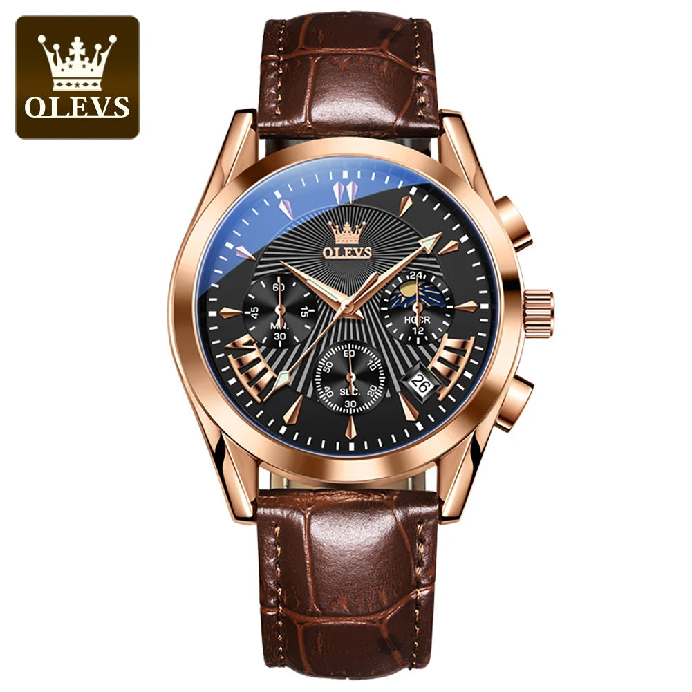 OLEVS-Relógio Quartzo Impermeável Masculino, Relógio de Pulso de Couro, Alta Qualidade, Original, Marca Luxo, Moda