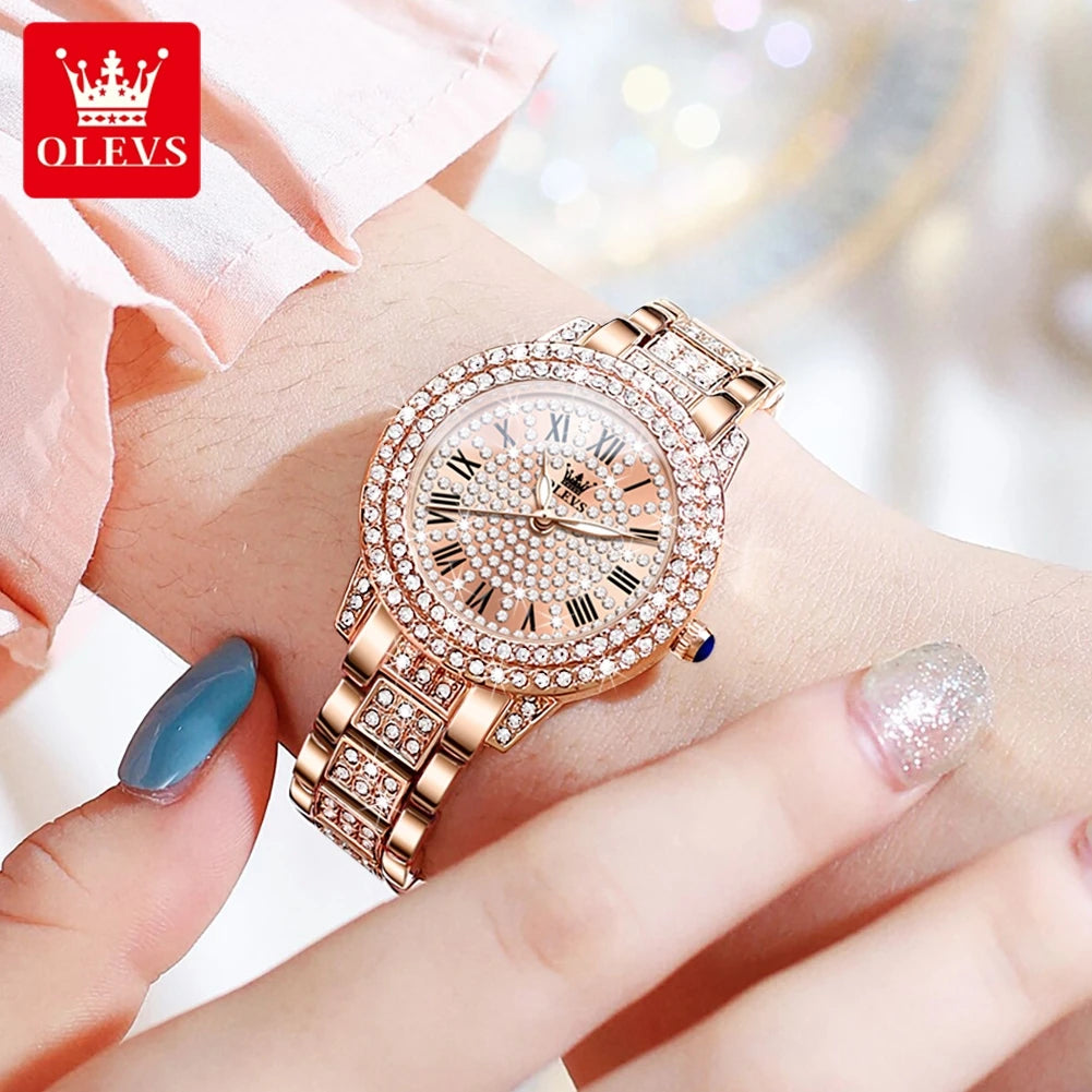 relógio Olevs luxo todo diamante original relógio de quartzo para mulheres elegante rosa ouro aço inoxidável à prova d´ água relógios de pulso