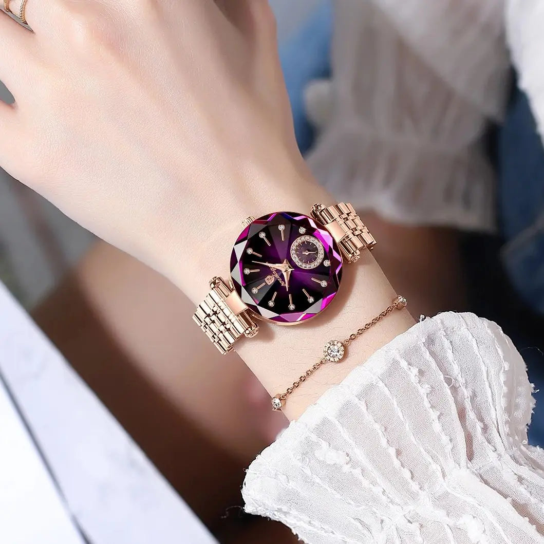 Relógio de pulso feminino luxo poedagar prova d 'água elegante.
