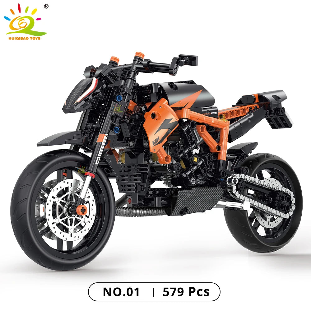 Monte seu próprio modelo de moto com os blocos Huiqibao, feitos de plástico ABS ecológico e projetados para entusiastas e apaixonados por motos e para colecionadores.