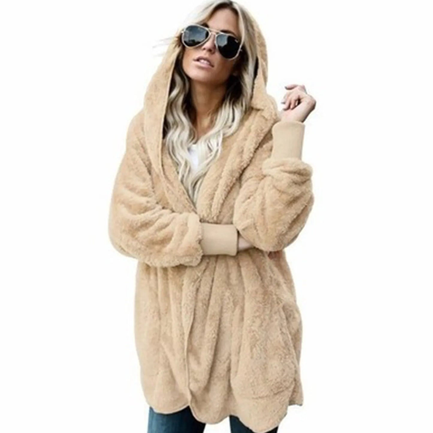 Jaqueta feminina de pelúcia dupla face com capuz, moda inverno elegante.
