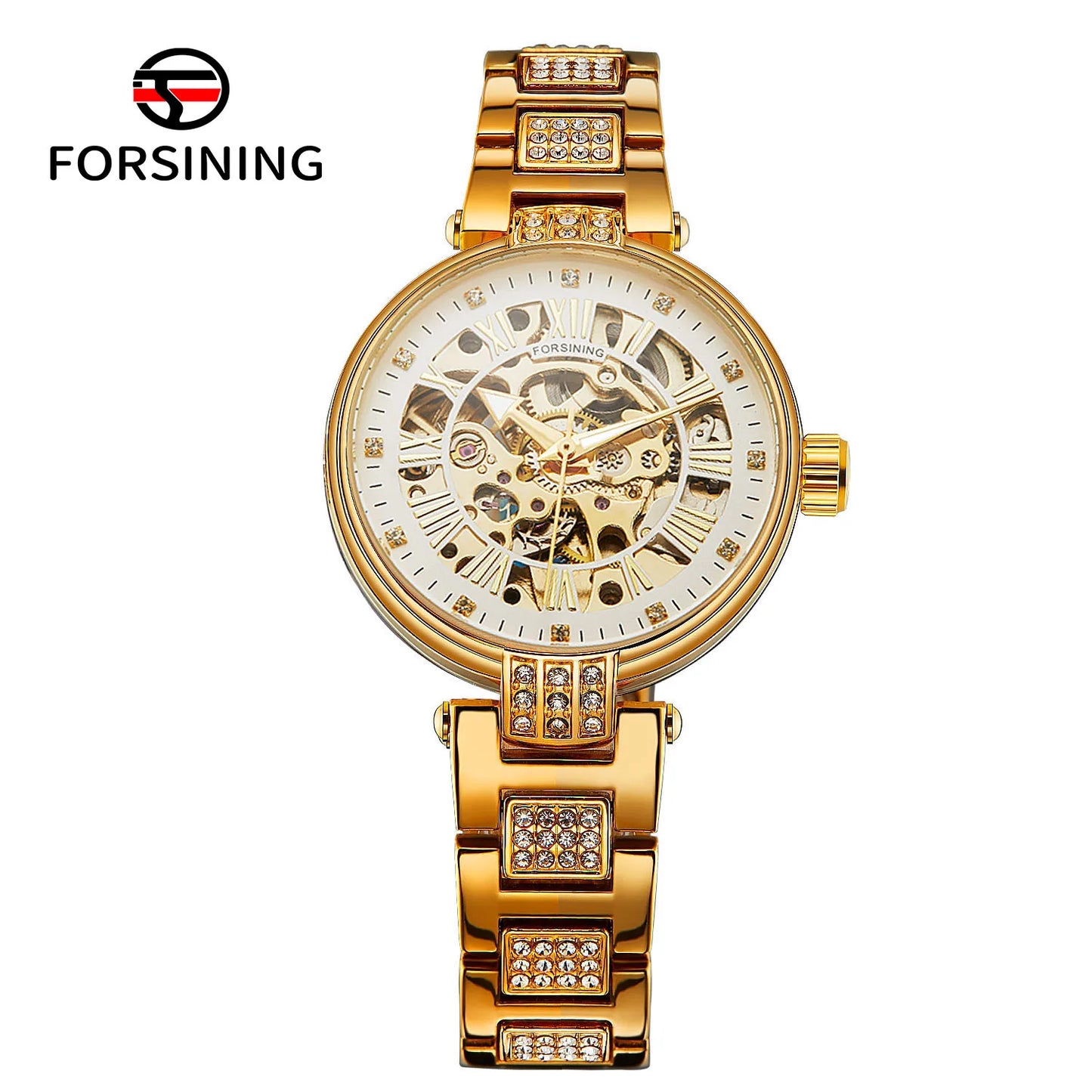relógio forsining,relógio com movimento automático elegante feminino esqueleto de aço inoxidável relógio de pulso.