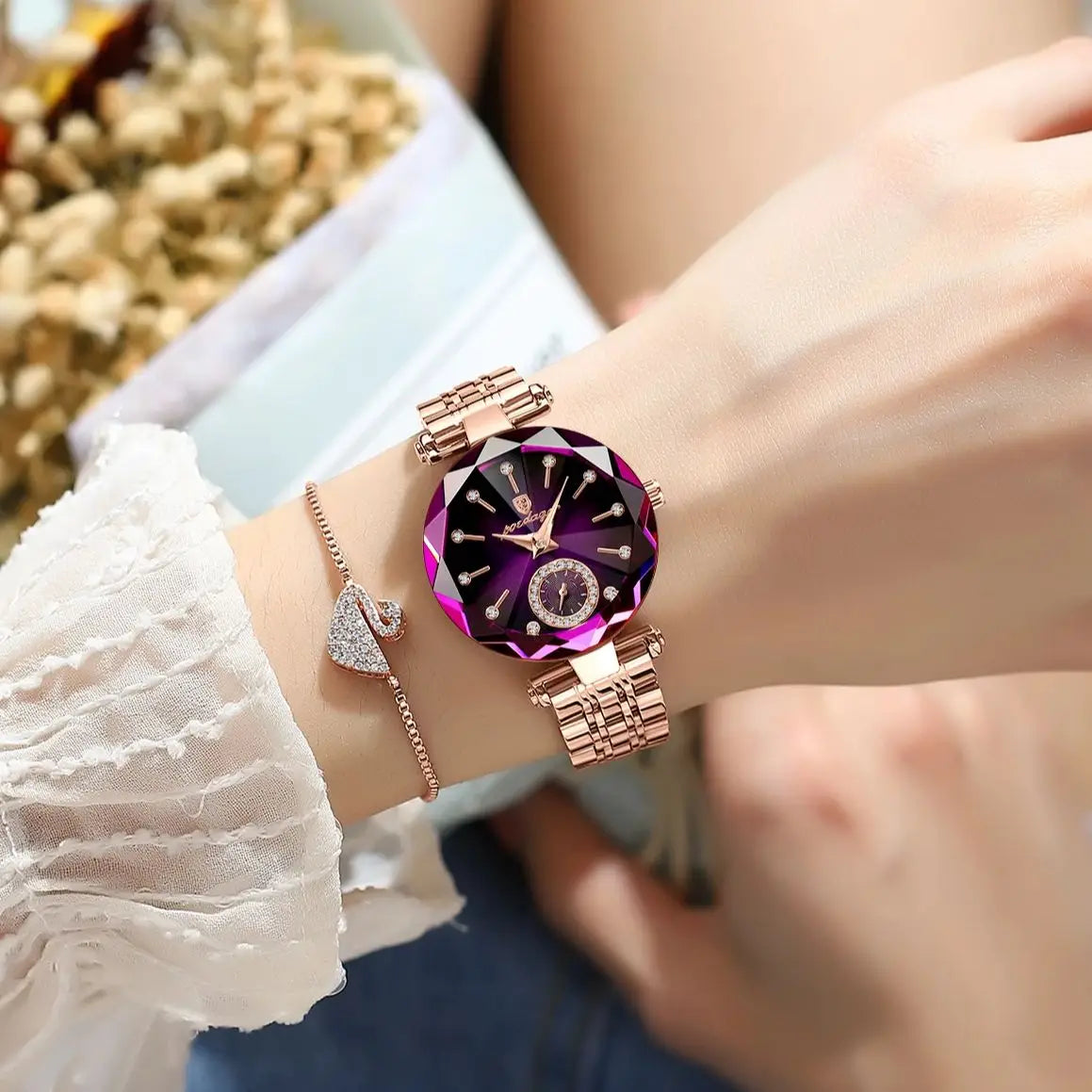 Relógio de pulso feminino luxo poedagar prova d 'água elegante.