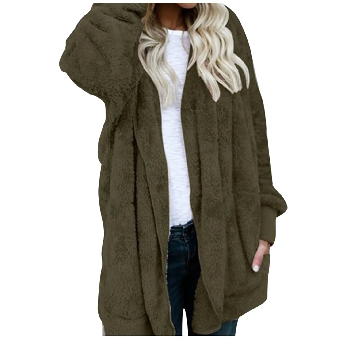 Jaqueta feminina de pelúcia dupla face com capuz, moda inverno elegante.