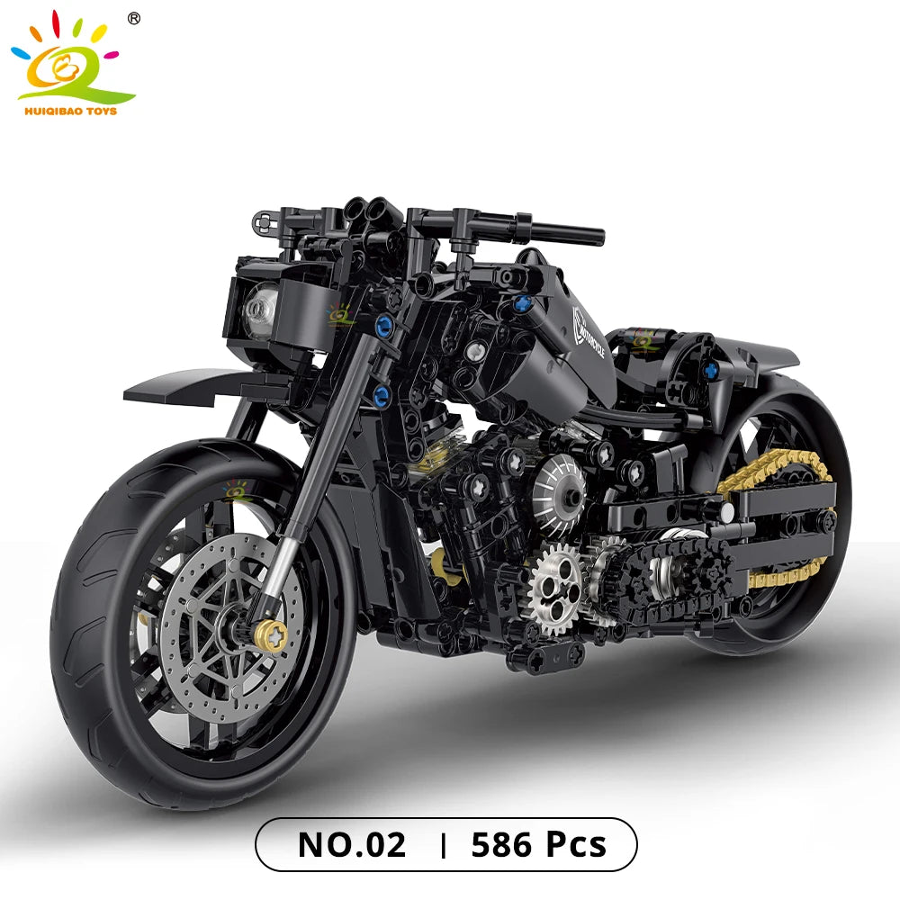 Monte seu próprio modelo de moto com os blocos Huiqibao, feitos de plástico ABS ecológico e projetados para entusiastas e apaixonados por motos e para colecionadores.