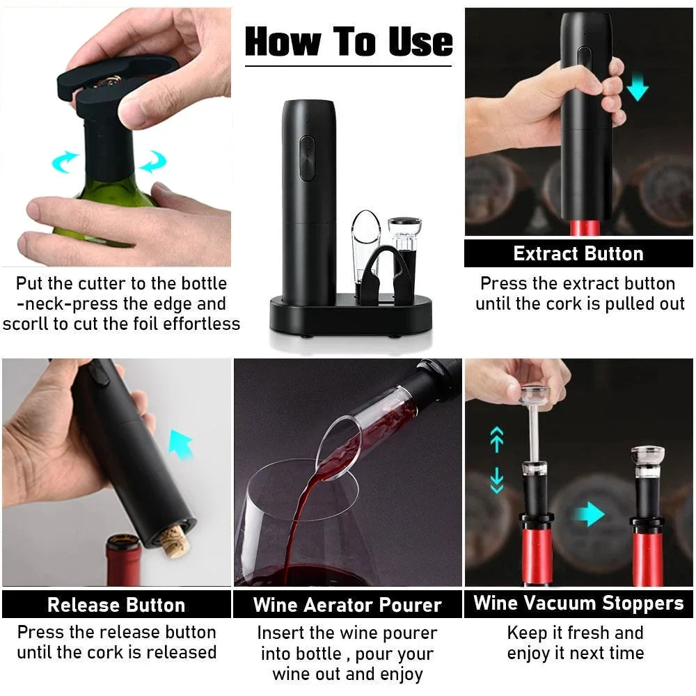 Abridor de garrafas de vinho elétrico Saca-rolhas de vinho tinto automático Abridor de vinho recarregável com ferramentas de base de carregamento Acessórios de cozinha
