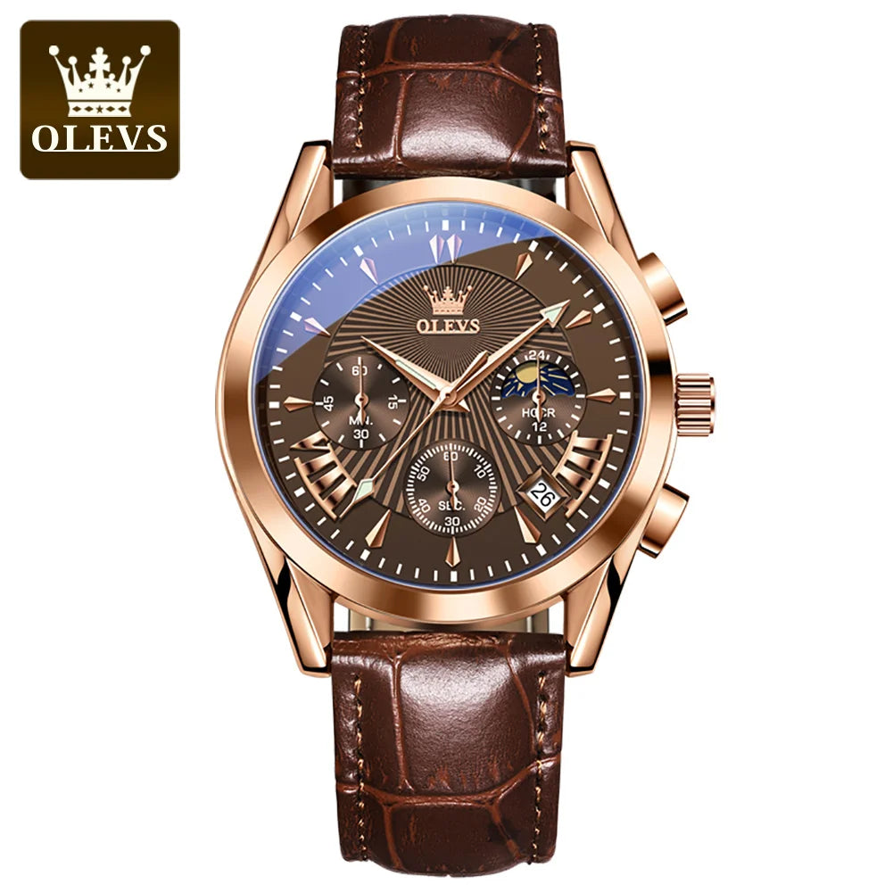 OLEVS-Relógio Quartzo Impermeável Masculino, Relógio de Pulso de Couro, Alta Qualidade, Original, Marca Luxo, Moda