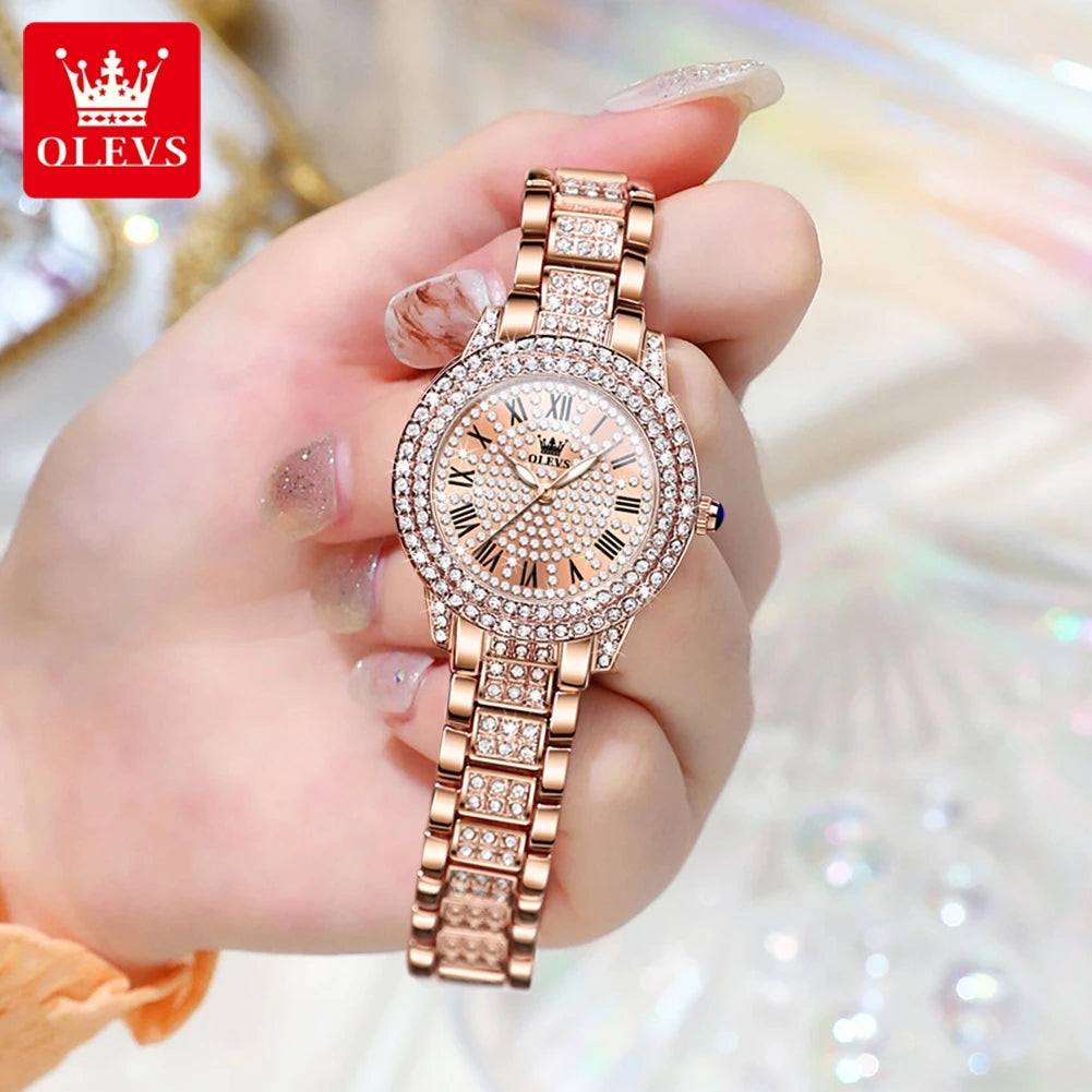 relógio Olevs luxo todo diamante original relógio de quartzo para mulheres elegante rosa ouro aço inoxidável à prova d´ água relógios de pulso