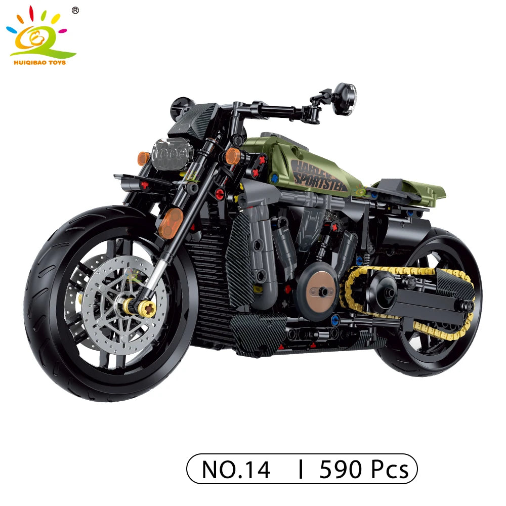 Monte seu próprio modelo de moto com os blocos Huiqibao, feitos de plástico ABS ecológico e projetados para entusiastas e apaixonados por motos e para colecionadores.