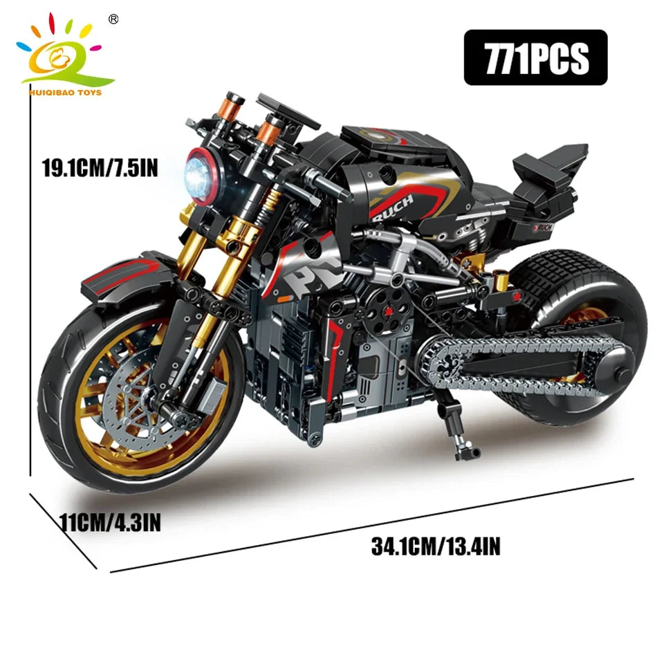 Monte seu próprio modelo de moto com os blocos Huiqibao, feitos de plástico ABS ecológico e projetados para entusiastas e apaixonados por motos e para colecionadores.