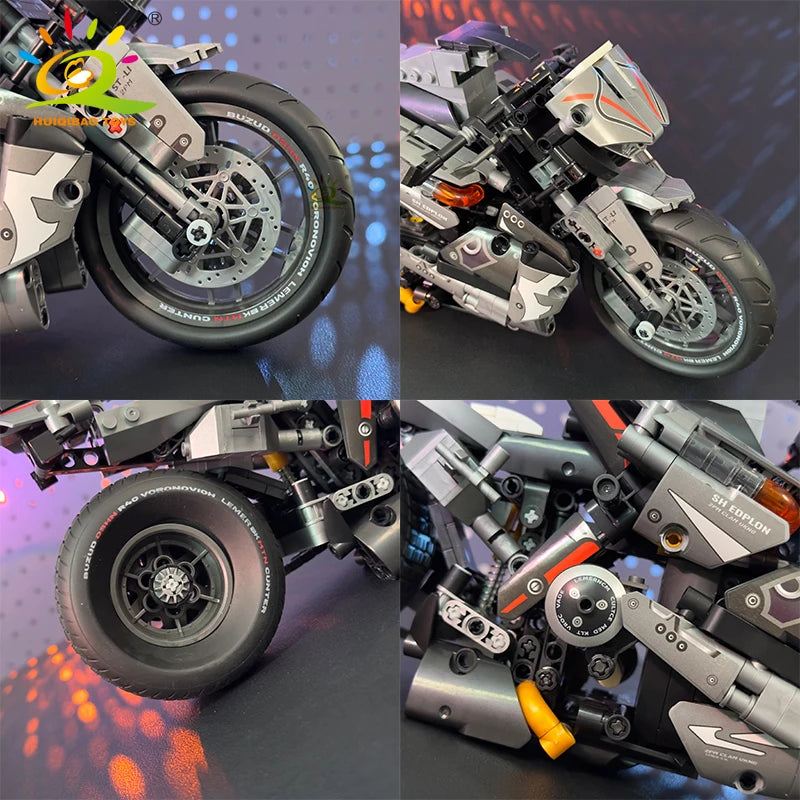 Monte seu próprio modelo de moto com os blocos Huiqibao, feitos de plástico ABS ecológico e projetados para entusiastas e apaixonados por motos e para colecionadores.