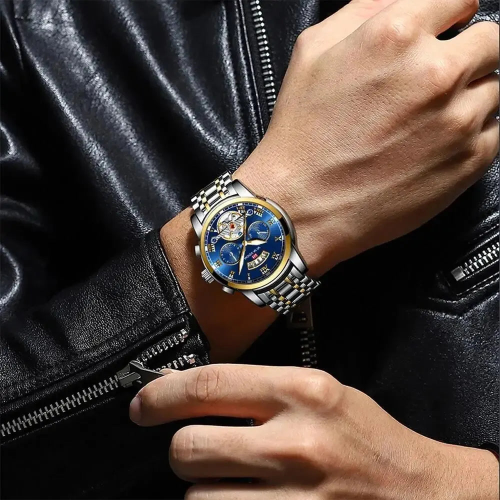 Relógio masculino de luxo aço inoxidável luminescência relógio casual chique à prova de água .