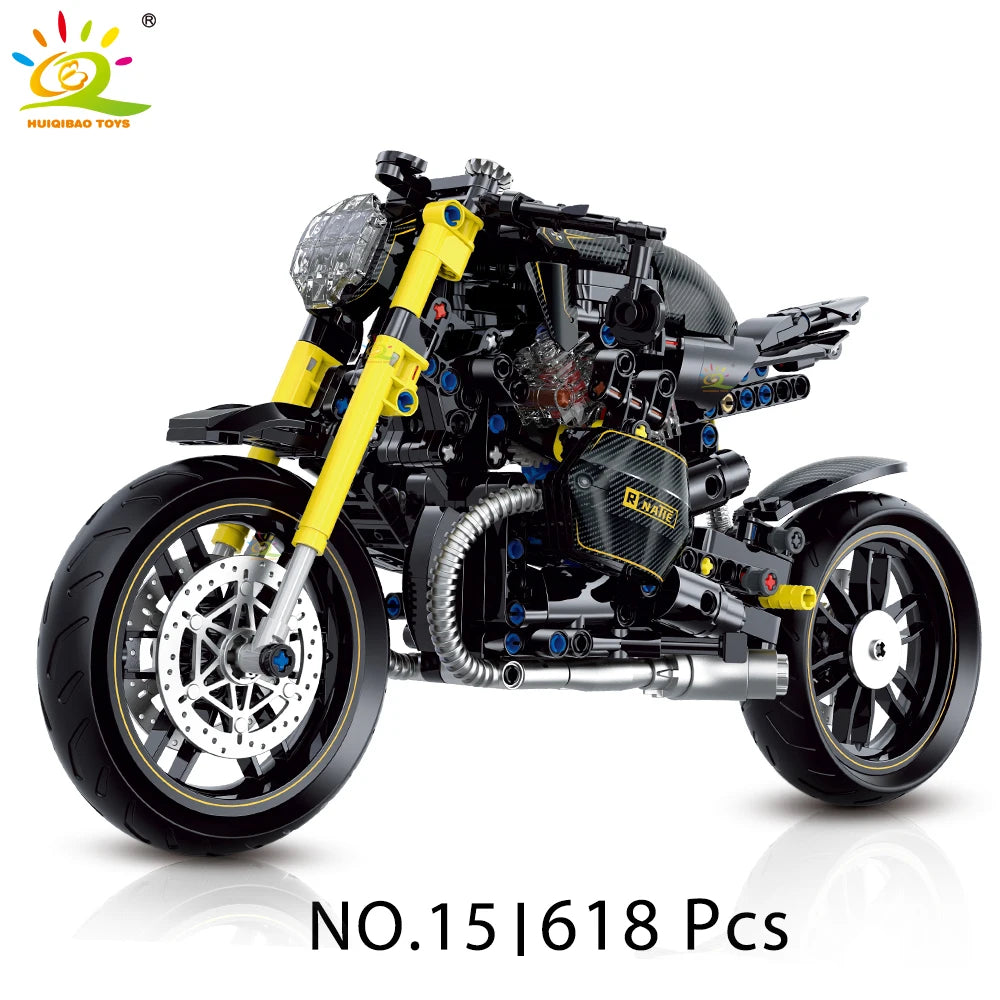 Monte seu próprio modelo de moto com os blocos Huiqibao, feitos de plástico ABS ecológico e projetados para entusiastas e apaixonados por motos e para colecionadores.