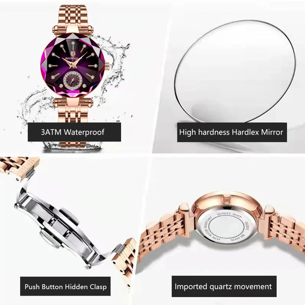 Relógio de pulso feminino luxo poedagar prova d 'água elegante.
