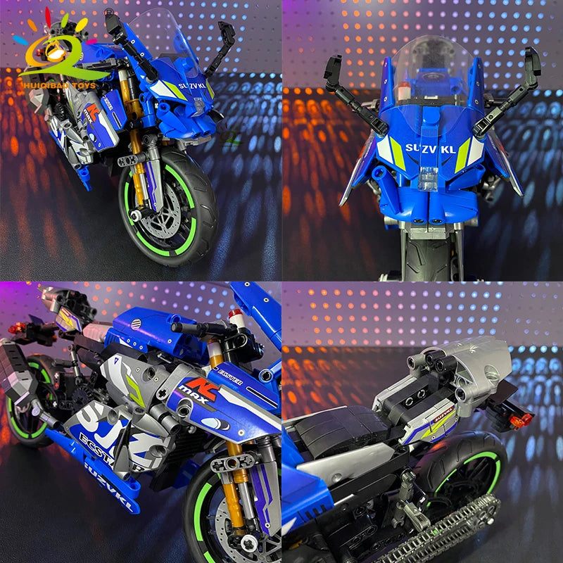 Monte seu próprio modelo de moto com os blocos Huiqibao, feitos de plástico ABS ecológico e projetados para entusiastas e apaixonados por motos e para colecionadores.