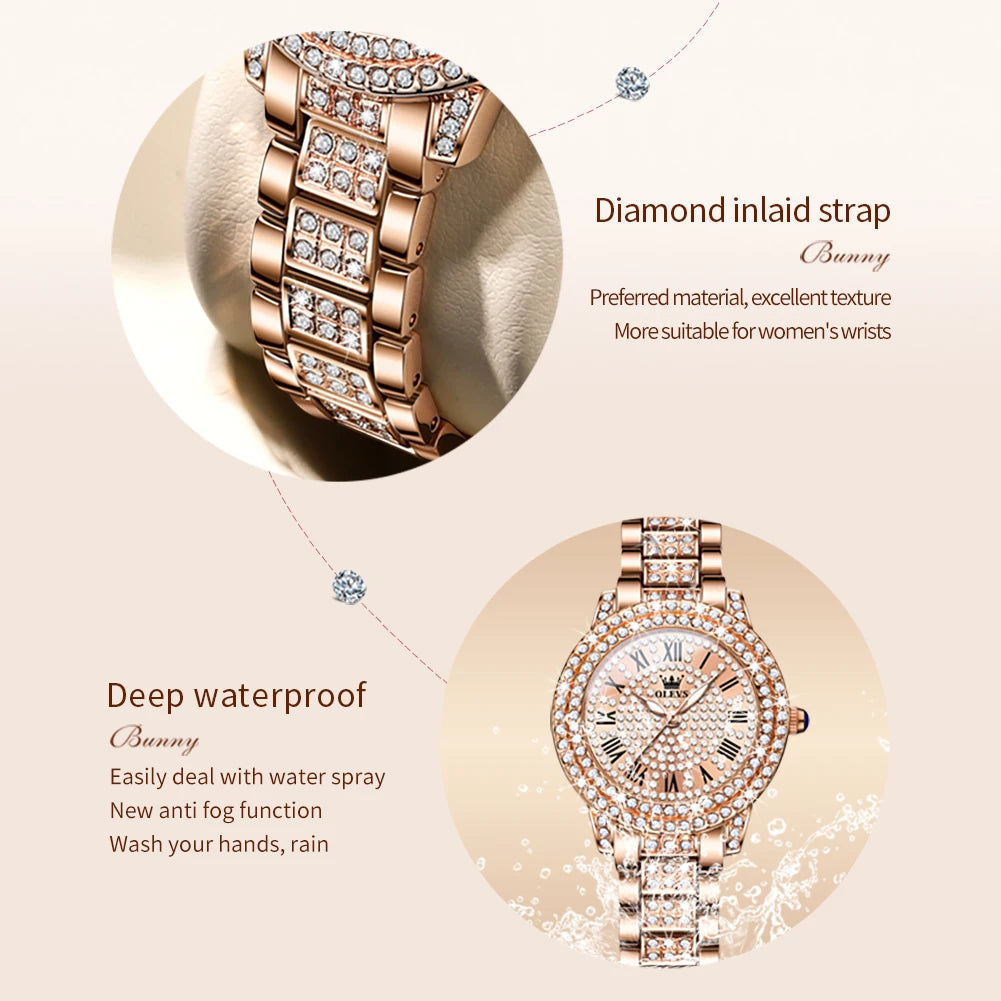relógio Olevs luxo todo diamante original relógio de quartzo para mulheres elegante rosa ouro aço inoxidável à prova d´ água relógios de pulso