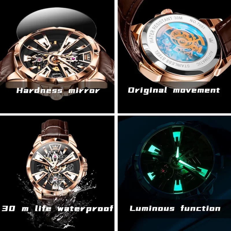 Olevs 7051 relógio masculino à prova de água luminosa multifuncional relógio mecânico automático esqueleto relógios de luxo masculino reloj