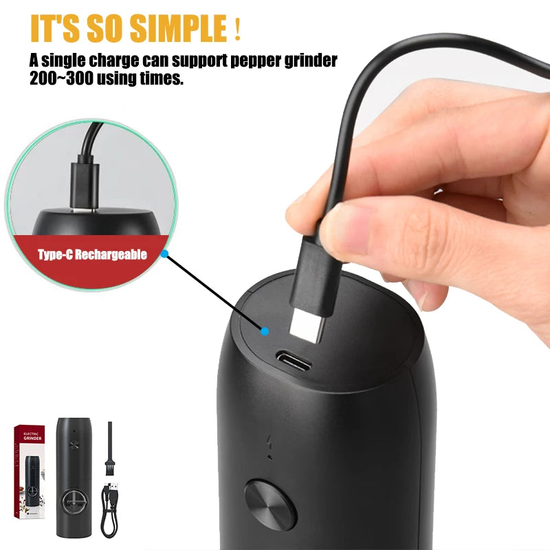 Moedor de pimenta de sal elétrico recarregável USB com rugosidade ajustável Moedor de pimenta em pó de pimenta moída na hora Ferramenta de cozinha