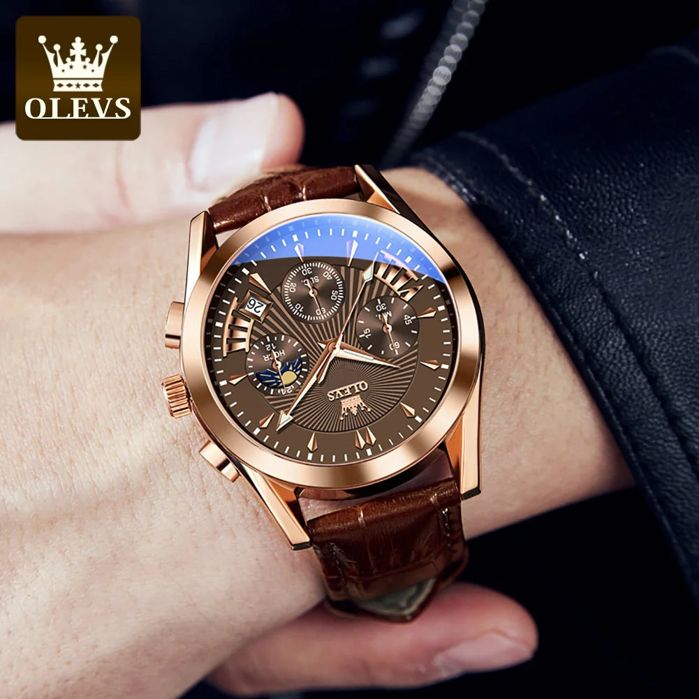 OLEVS-Relógio Quartzo Impermeável Masculino, Relógio de Pulso de Couro, Alta Qualidade, Original, Marca Luxo, Moda