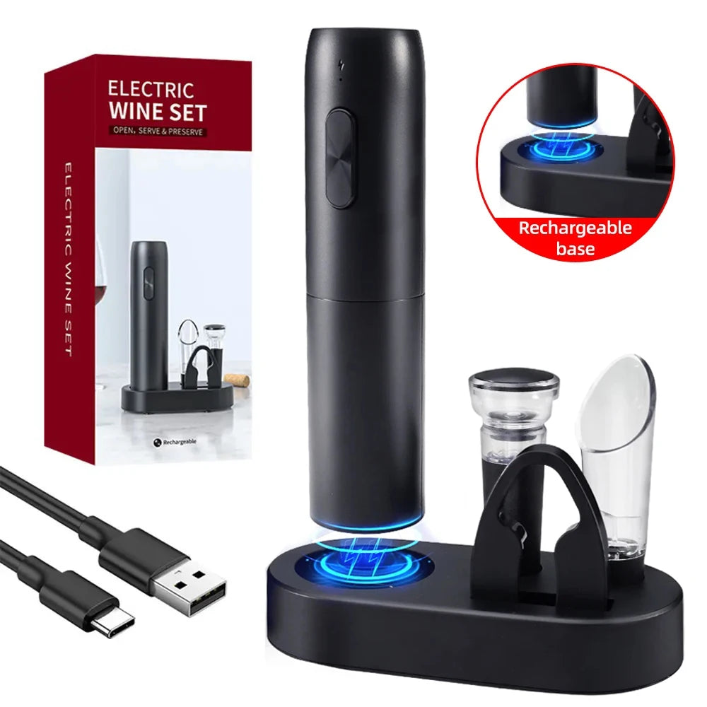 Abridor de garrafas de vinho elétrico Saca-rolhas de vinho tinto automático Abridor de vinho recarregável com ferramentas de base de carregamento Acessórios de cozinha