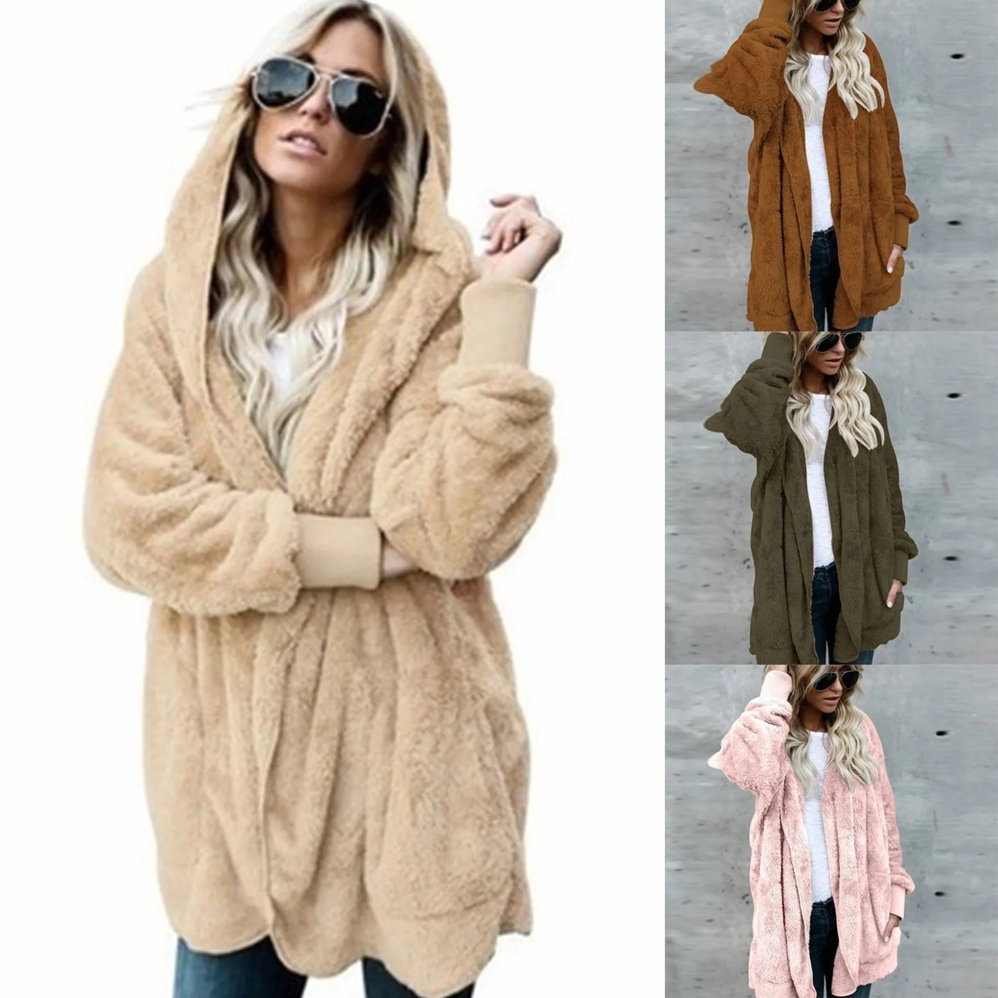 Jaqueta feminina de pelúcia dupla face com capuz, moda inverno elegante.