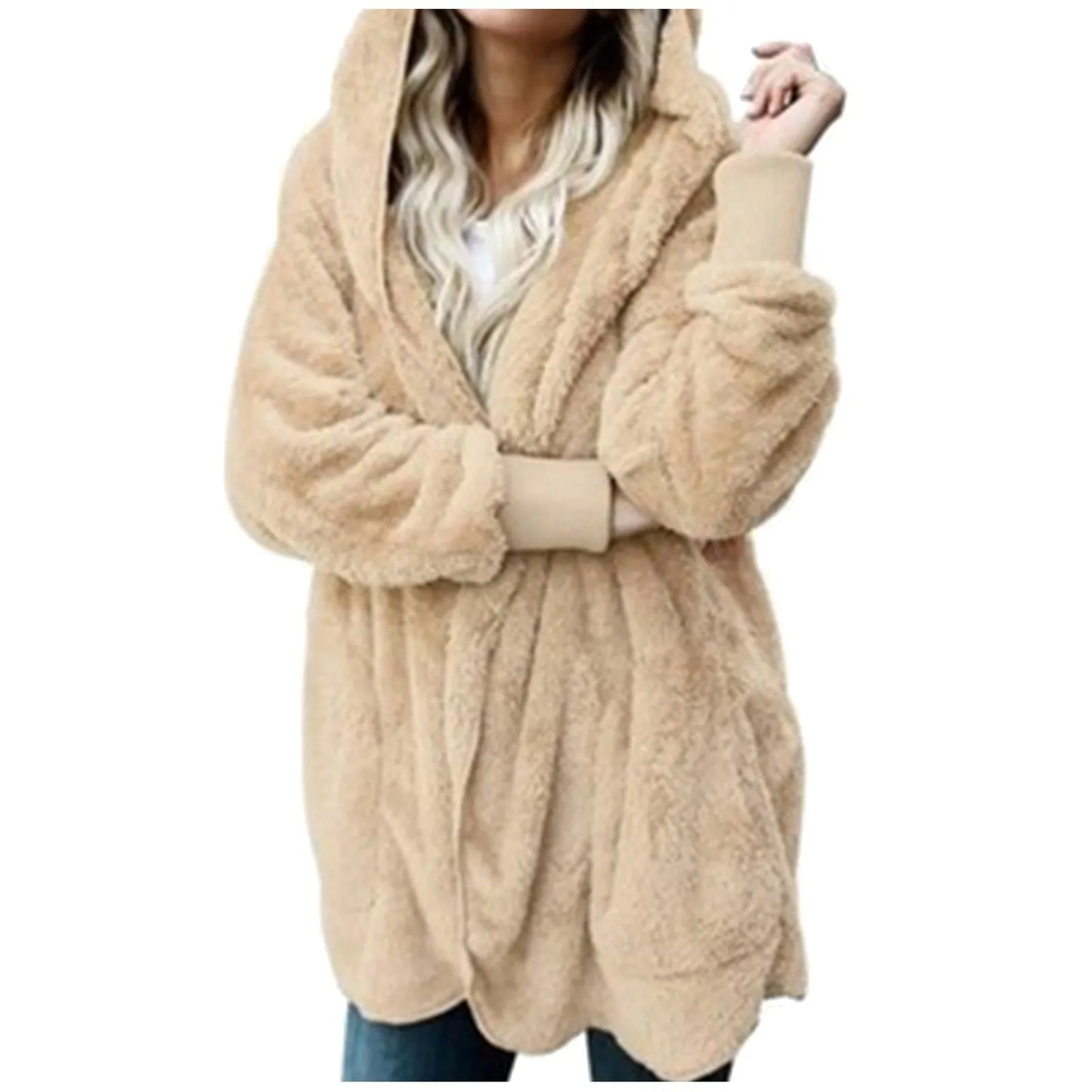 Jaqueta feminina de pelúcia dupla face com capuz, moda inverno elegante.