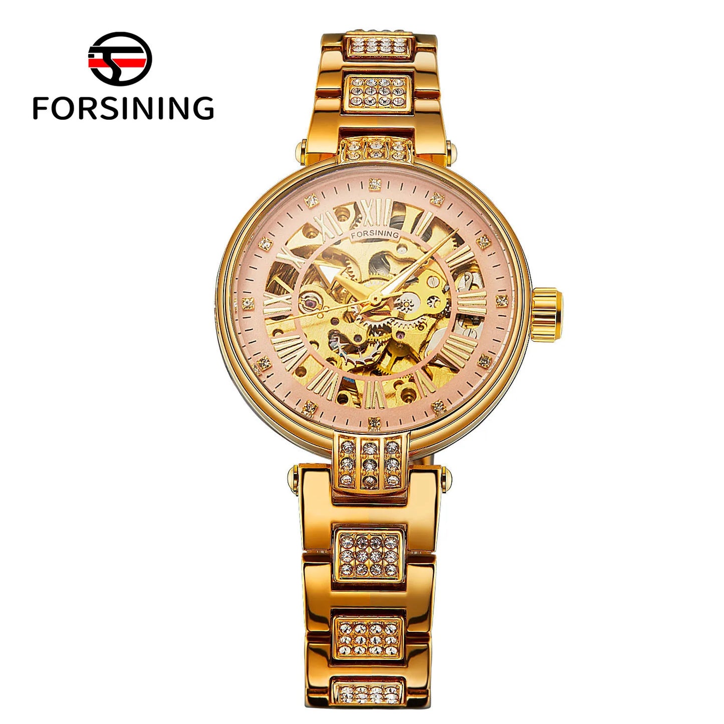 relógio forsining,relógio com movimento automático elegante feminino esqueleto de aço inoxidável relógio de pulso.
