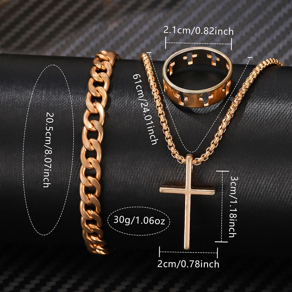 4 pçs conjunto de relógio masculino tendência de negócios relógio de quartzo pulseira colar anel conjunto adequado para roupas diárias combinando presente perfeito