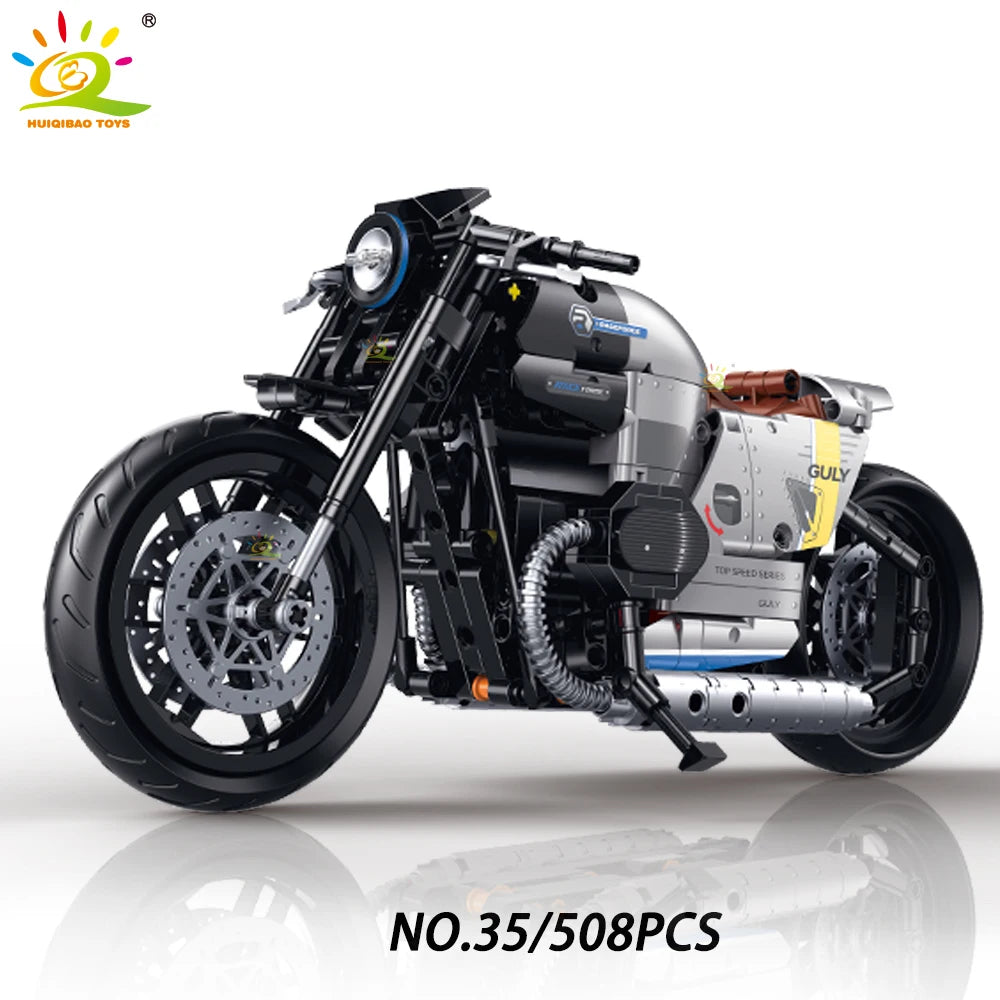 Monte seu próprio modelo de moto com os blocos Huiqibao, feitos de plástico ABS ecológico e projetados para entusiastas e apaixonados por motos e para colecionadores.