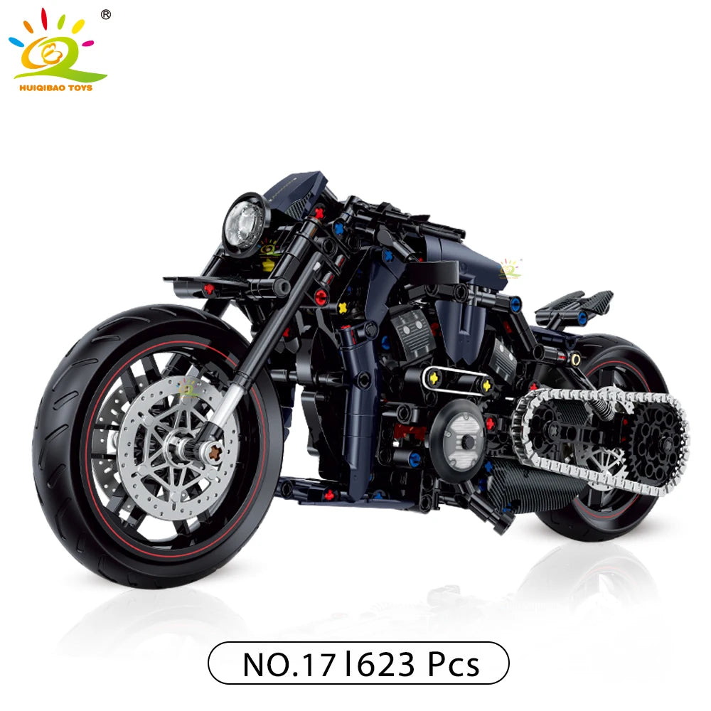 Monte seu próprio modelo de moto com os blocos Huiqibao, feitos de plástico ABS ecológico e projetados para entusiastas e apaixonados por motos e para colecionadores.
