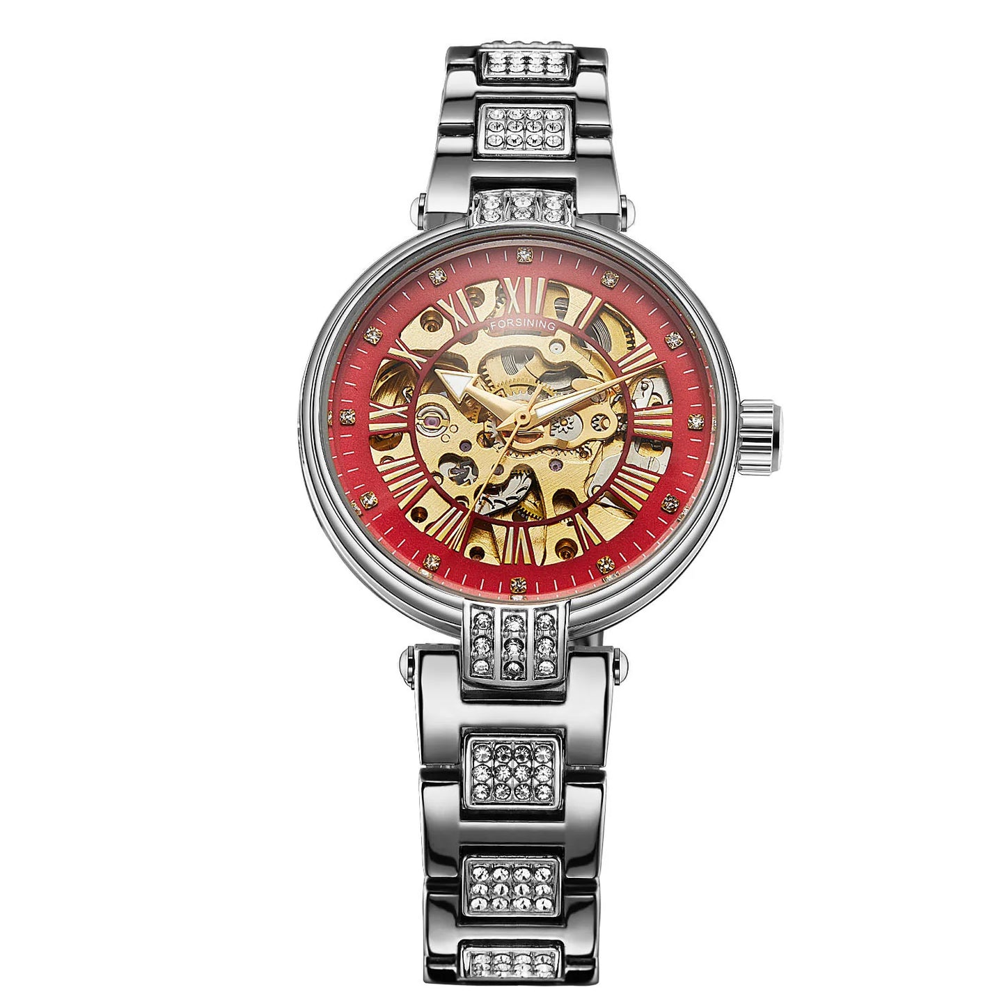 relógio forsining,relógio com movimento automático elegante feminino esqueleto de aço inoxidável relógio de pulso.