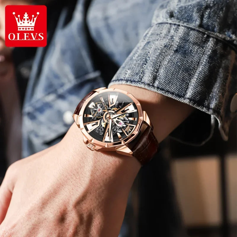 Olevs 7051 relógio masculino à prova de água luminosa multifuncional relógio mecânico automático esqueleto relógios de luxo masculino reloj