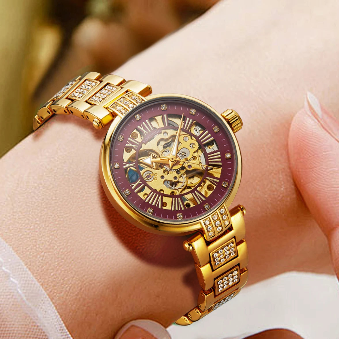 relógio forsining,relógio com movimento automático elegante feminino esqueleto de aço inoxidável relógio de pulso.