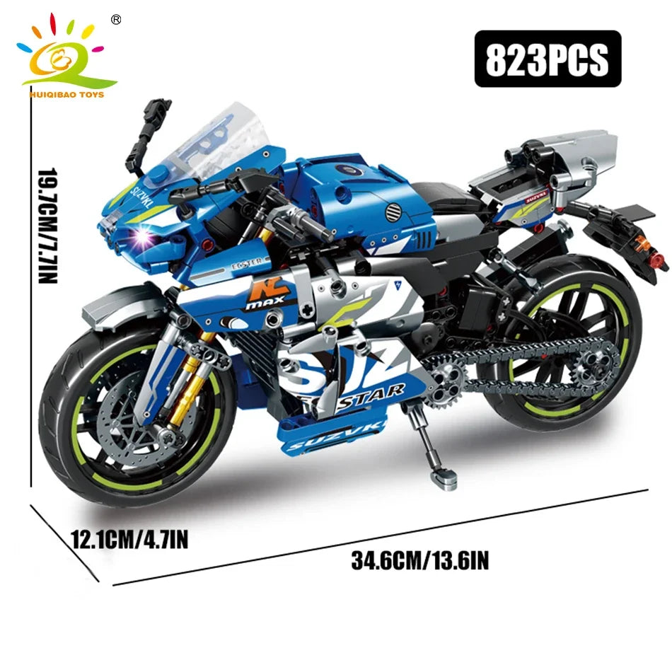 Monte seu próprio modelo de moto com os blocos Huiqibao, feitos de plástico ABS ecológico e projetados para entusiastas e apaixonados por motos e para colecionadores.