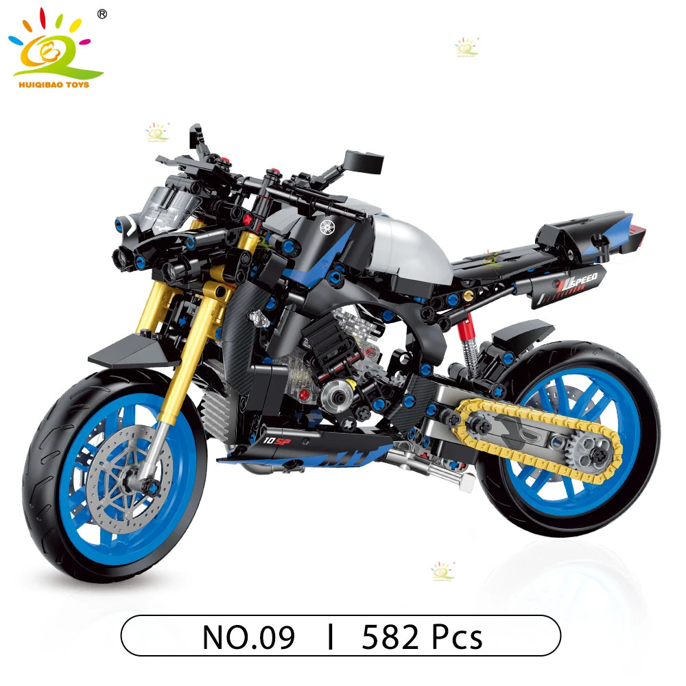 Monte seu próprio modelo de moto com os blocos Huiqibao, feitos de plástico ABS ecológico e projetados para entusiastas e apaixonados por motos e para colecionadores.